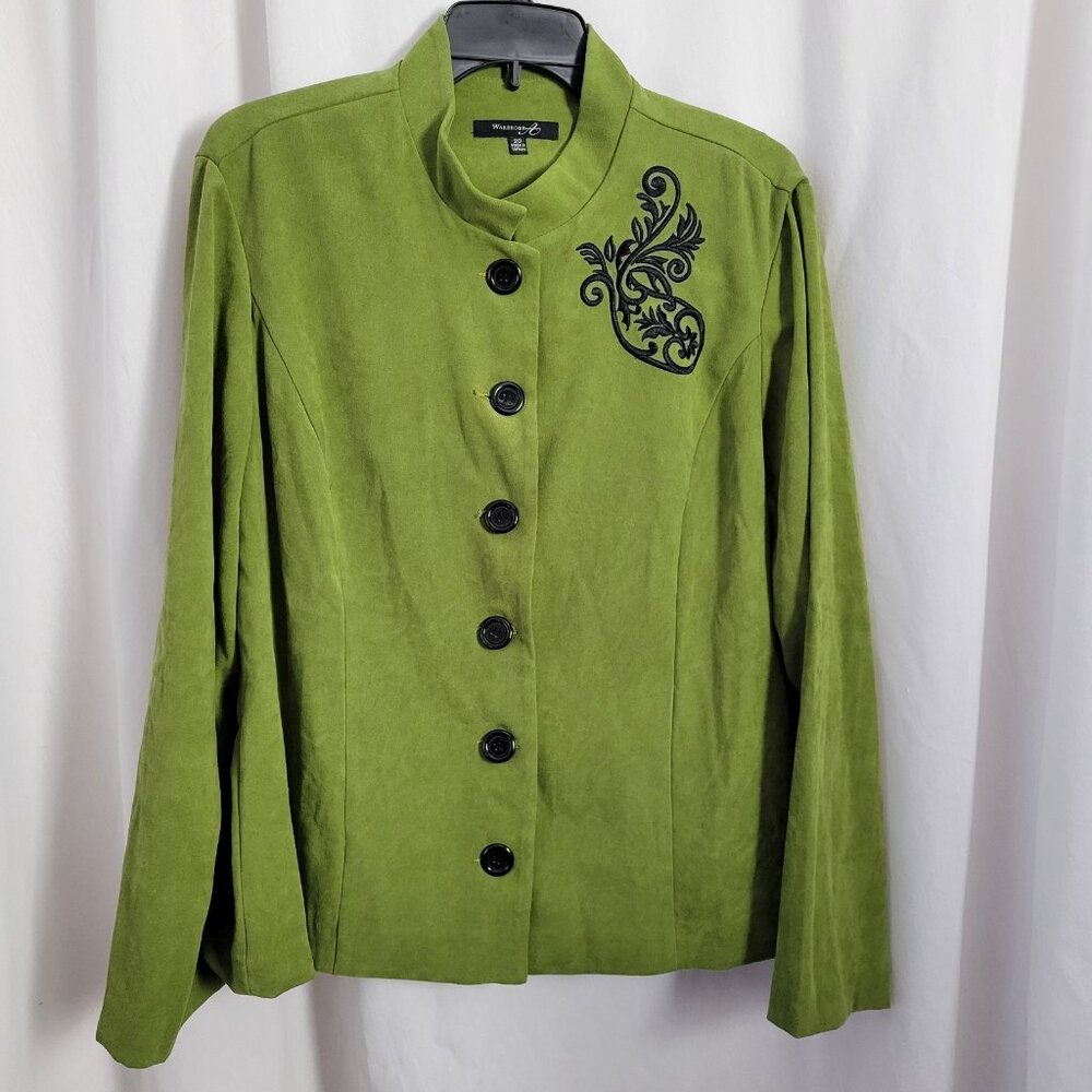 Wardrobe A Blazer Green Black Embroidered Button up Velour sz 20 Plus Retro 90s